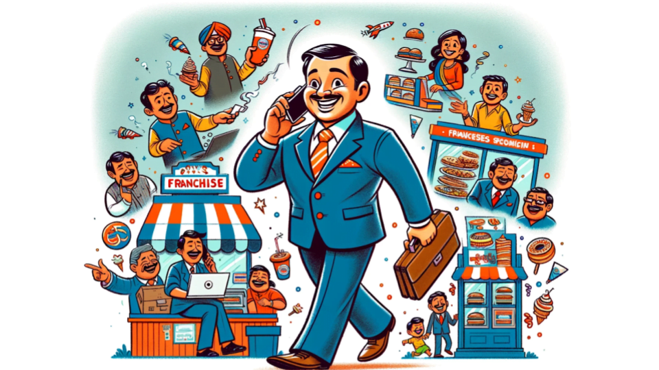 Illustration of a man in a suit having a phone conversation, reflecting the Indian franchise industry.