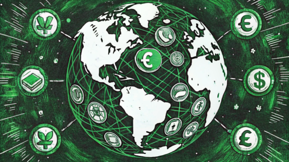 An artistic representation of a connected world with global currency symbols surrounding a globe, illustrating Rapyd's reach in cross-border payment solutions.