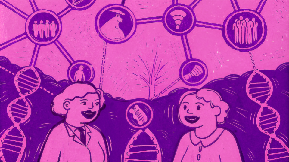 Illustrative graphic representing genetic research and DNA testing, with interconnected DNA strands and symbols related to personalized health and genomics. Two scientists appear discussing genetic insights, symbolizing collaborative efforts in genomics to provide accessible and preventive health solutions through DNA testing.