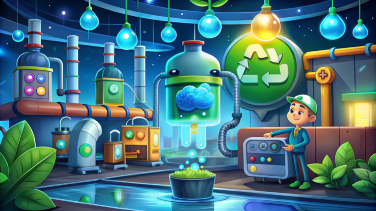 A cartoon-style illustration of a futuristic lab focused on sustainability, where a character in a green outfit operates a machine producing energy or resources in a closed-loop system. The lab has various equipment with glowing lights and a recycling symbol on the wall, surrounded by green plants.