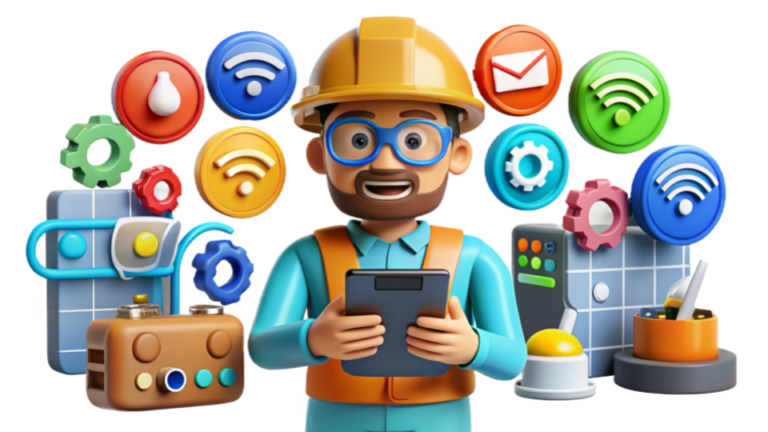 3D illustration of a construction worker in a yellow hard hat and blue glasses holding a tablet. Surrounding him are colorful icons symbolizing various technologies, such as Wi-Fi, notifications, and settings, representing the integration of smart technology in the construction industry.