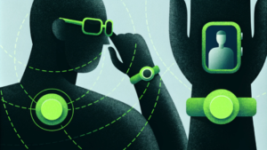 A stylized illustration of a person wearing multiple wearable devices. The person has smart glasses, a smartwatch, and other wearables on their wrist, shoulder, and chest. Green dotted lines surround the devices, indicating connectivity or data transfer between them, symbolizing a network of body-worn technology. The background is a gradient of cool colors, creating a futuristic and tech-oriented feel.