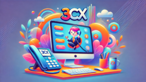 Creative and colorful illustration representing 3CX's VoIP and business communication solutions. Depicts a computer, phone, and vibrant design elements symbolizing innovation in video conferencing, voice communication, and digital workplace technologies.