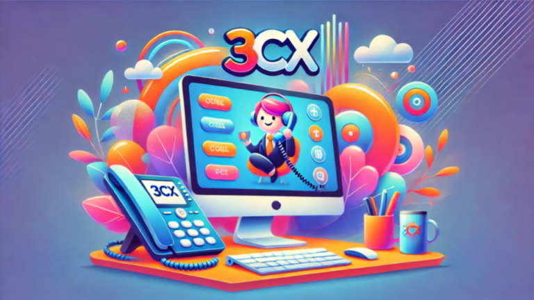 Creative and colorful illustration representing 3CX's VoIP and business communication solutions. Depicts a computer, phone, and vibrant design elements symbolizing innovation in video conferencing, voice communication, and digital workplace technologies.