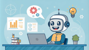 An illustration of a cheerful robot working at a desk, symbolizing AI or automation. The robot is surrounded by icons representing ideas, charts, and gears, depicting its analytical and problem-solving capabilities.